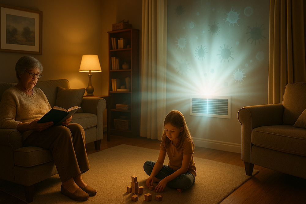 Living room with diffuse light neutralizing airborne pathogens symbolically via UV‑C purifier
