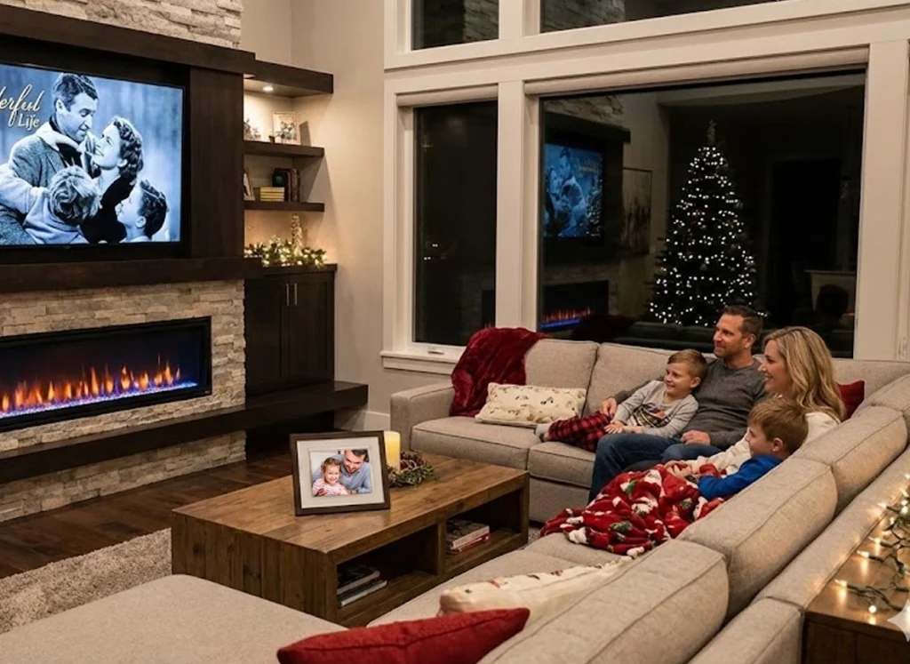 Family enjoying a cozy night near modern electric fireplace with visible heating cost savings chart and holiday decorations.
