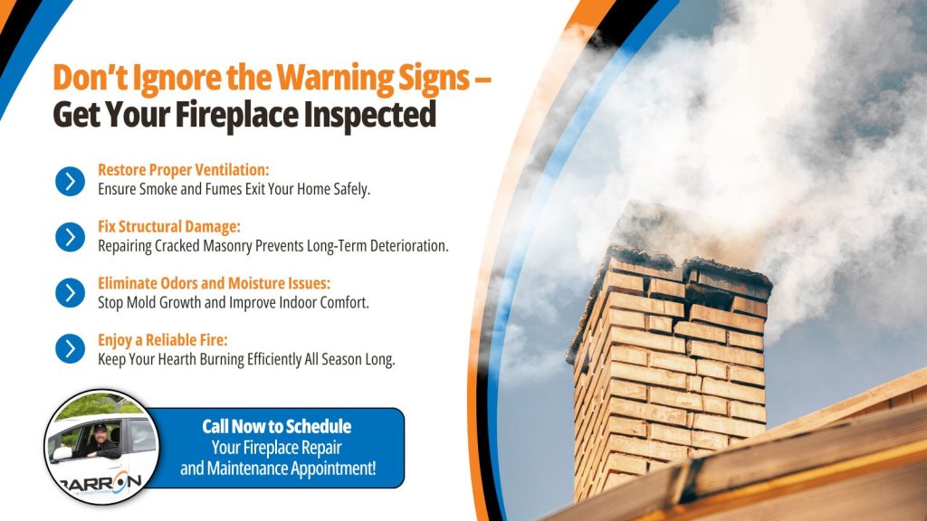 This is an image of a broken chimney with a lot of smoke coming out of it. The headline reads don't ignore the warning signs get your fireplace inspected