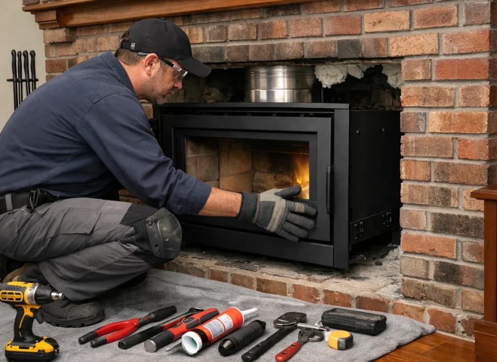 Technician installing a high-efficiency fireplace insert to improve home heating and efficiency.